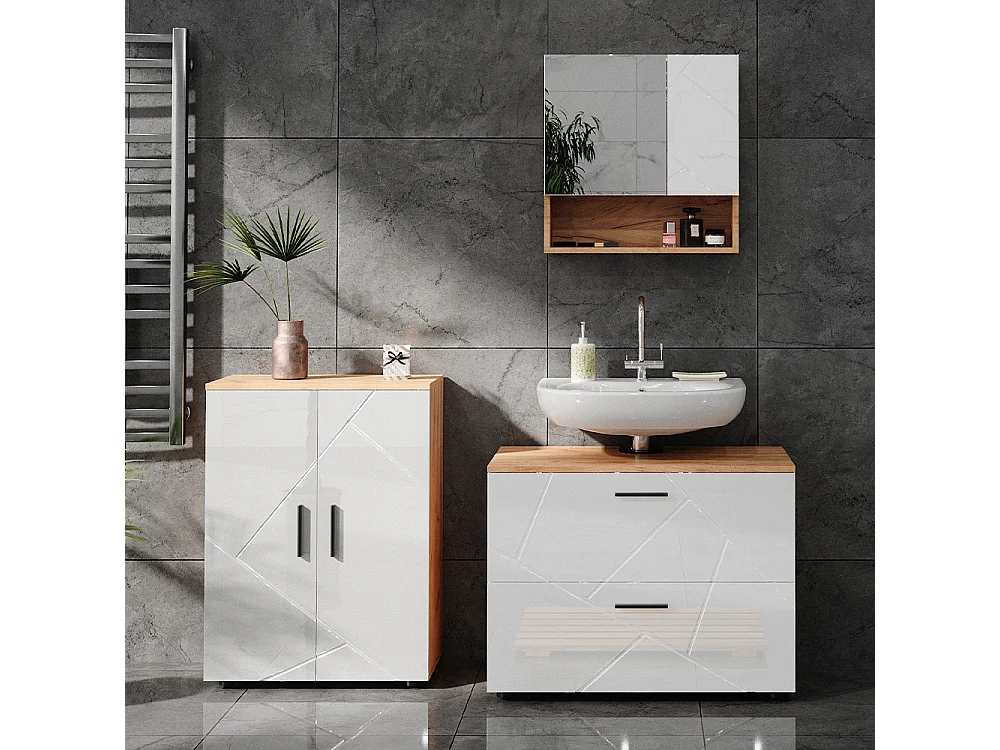 Armario con espejo para baño blanco brillo intenso/roble dorado 54x16.9x55 irma