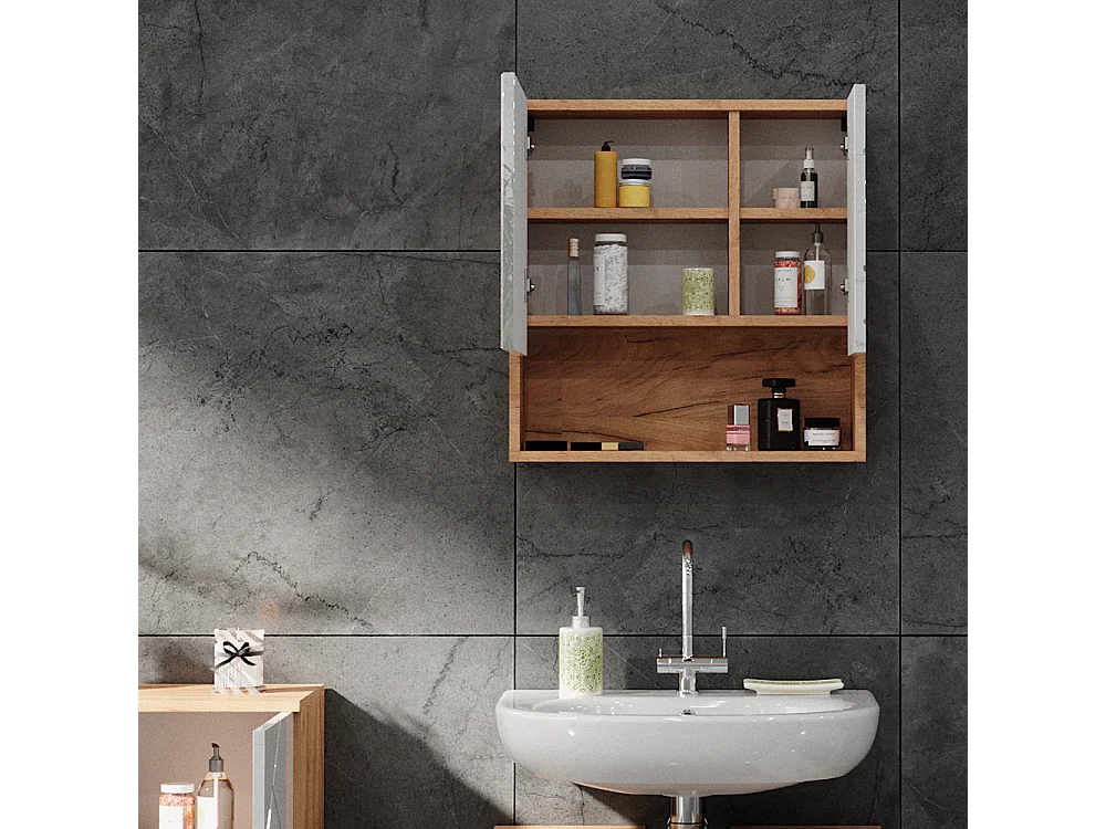 Armario con espejo para baño blanco brillo intenso/roble dorado 54x16.9x55 irma