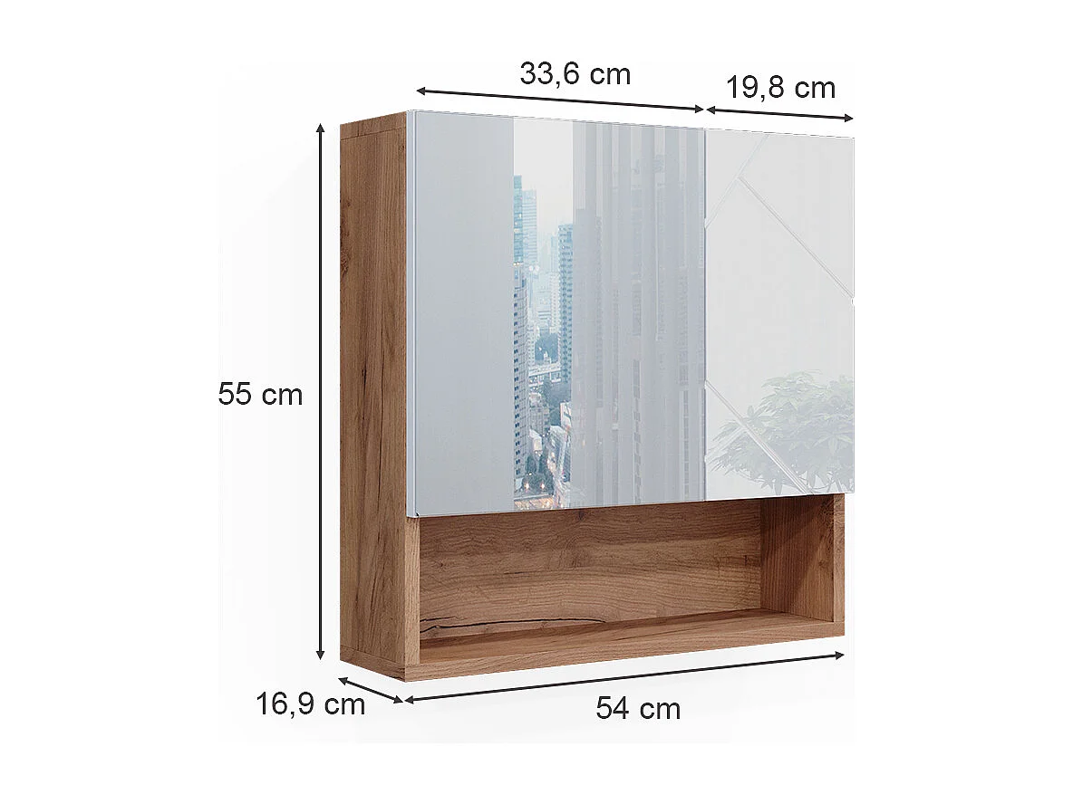 Armoire de toilette blanc brillant/chêne doré 54x16.9x55 irma