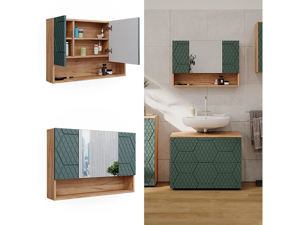 Armario con espejo de baño roble verde/dorado 80.1x17x55 irma