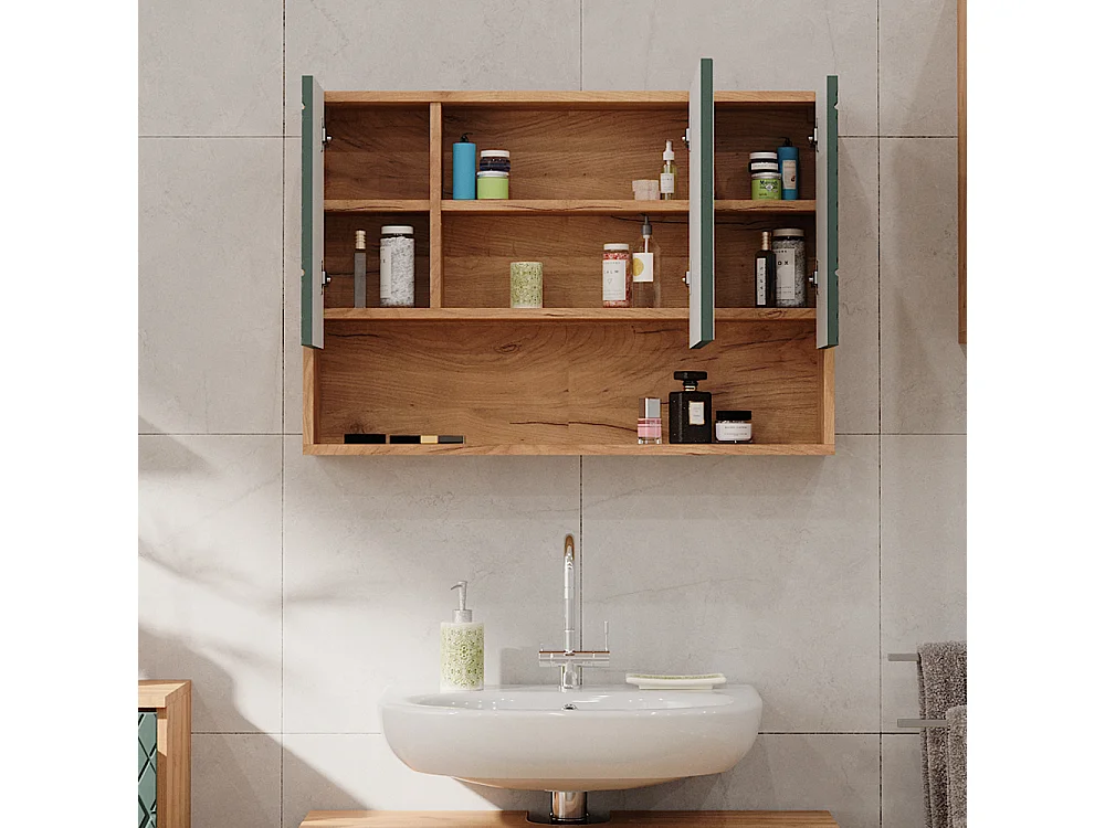 Armario con espejo de baño roble verde/dorado 80.1x17x55 irma