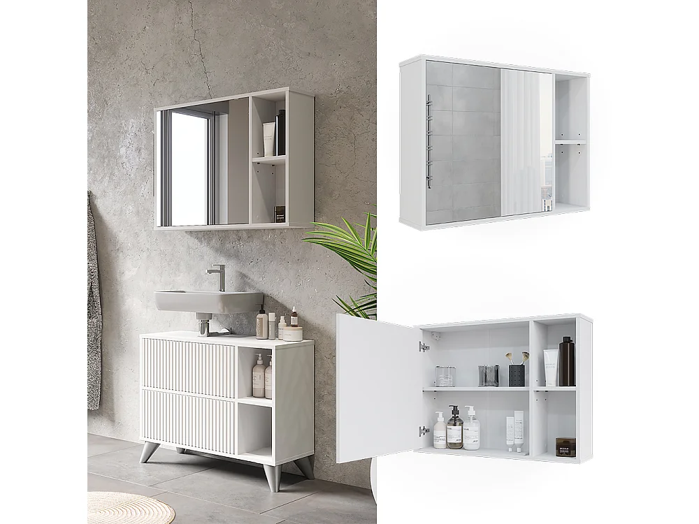 Mobile a specchio per il bagno bianco 80x20x60 leano