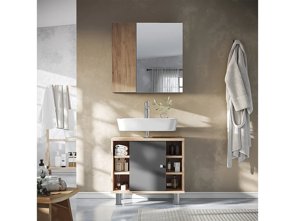 Armario con espejo para baño roble dorado 60x16.4x59.2 leopold