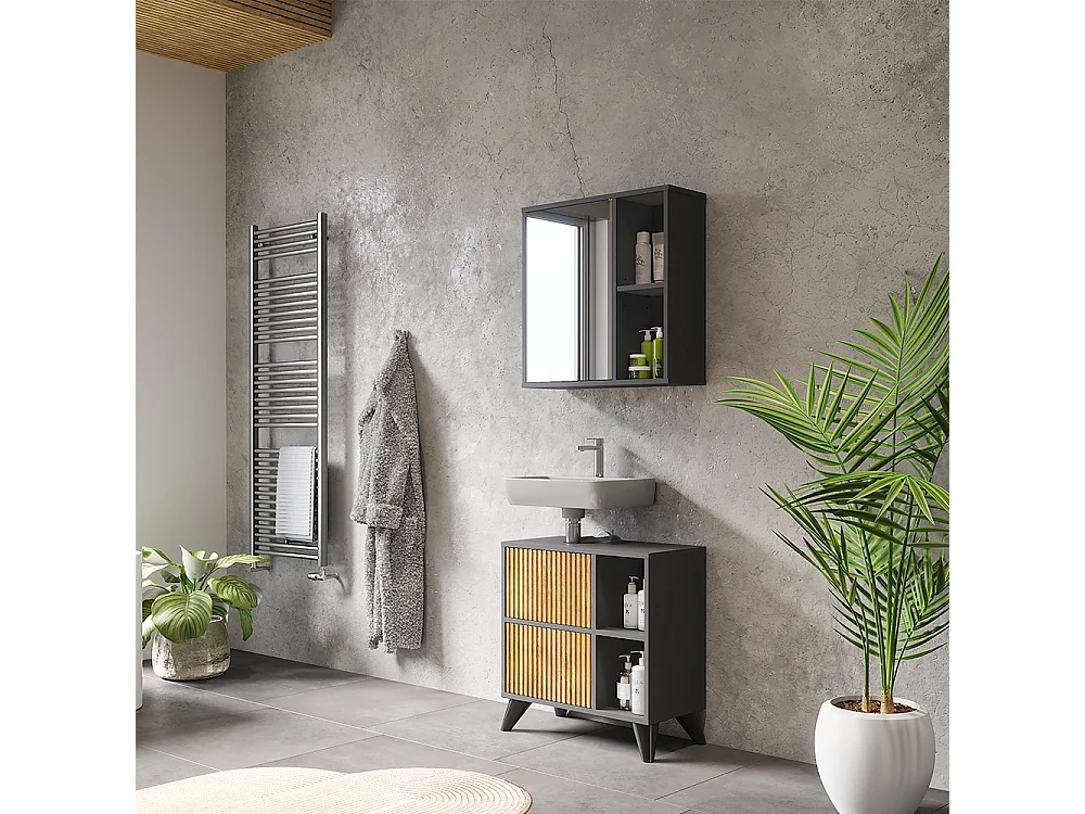 Armario con espejo de baño antracita/roble de montaña 60x20x60 leano