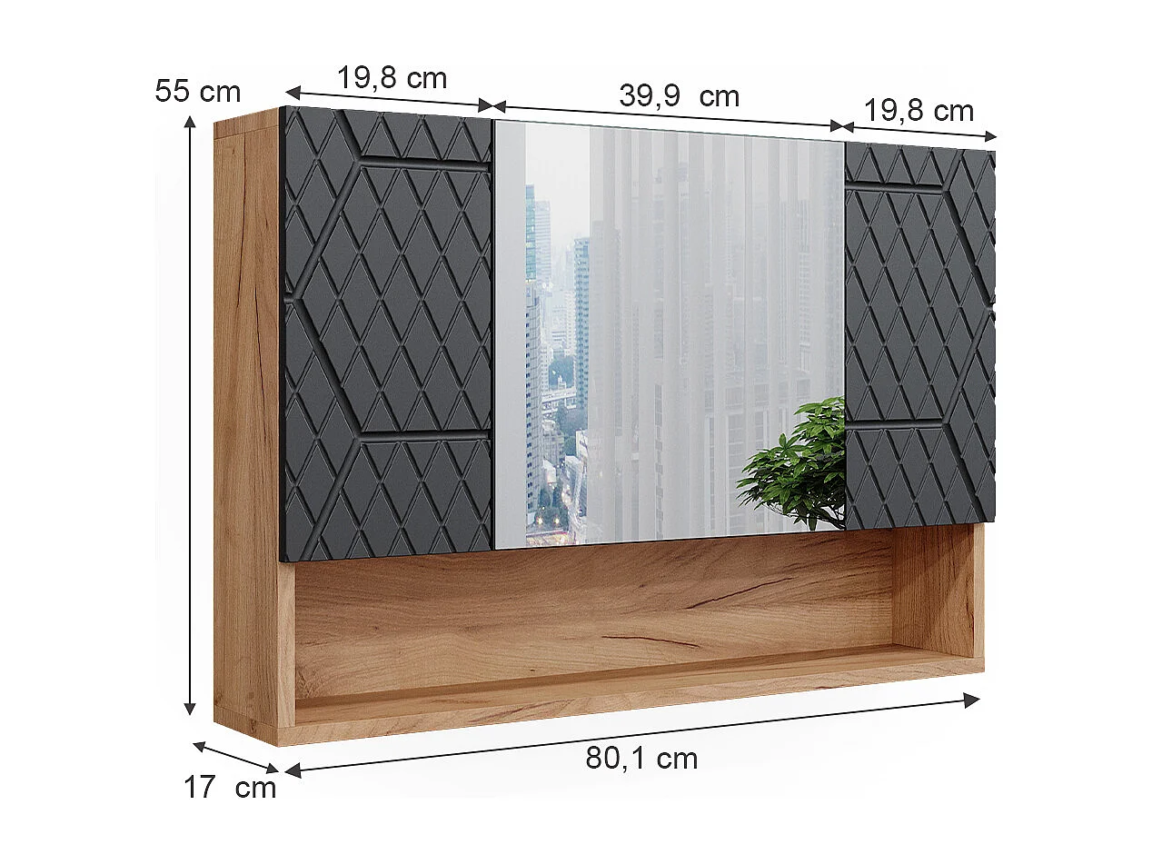 Armario con espejo para baño antracita con estructura de panal 80.1x17x55 irma