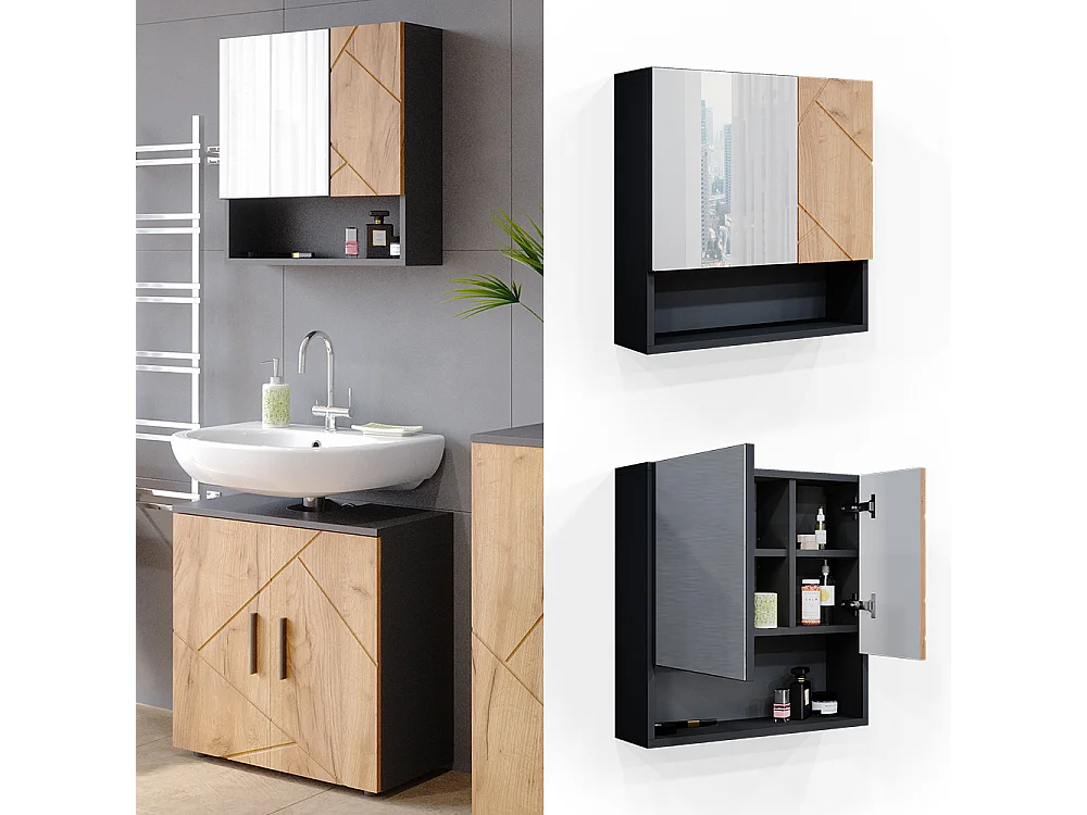 Armoire de toilette chêne doré/anthracite 54x16.9x55 irma
