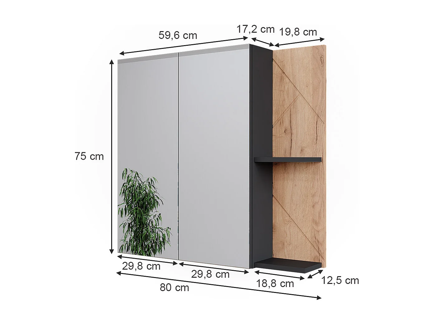 Armario con espejo de baño antracita/roble dorado 80x17.2x75 irma