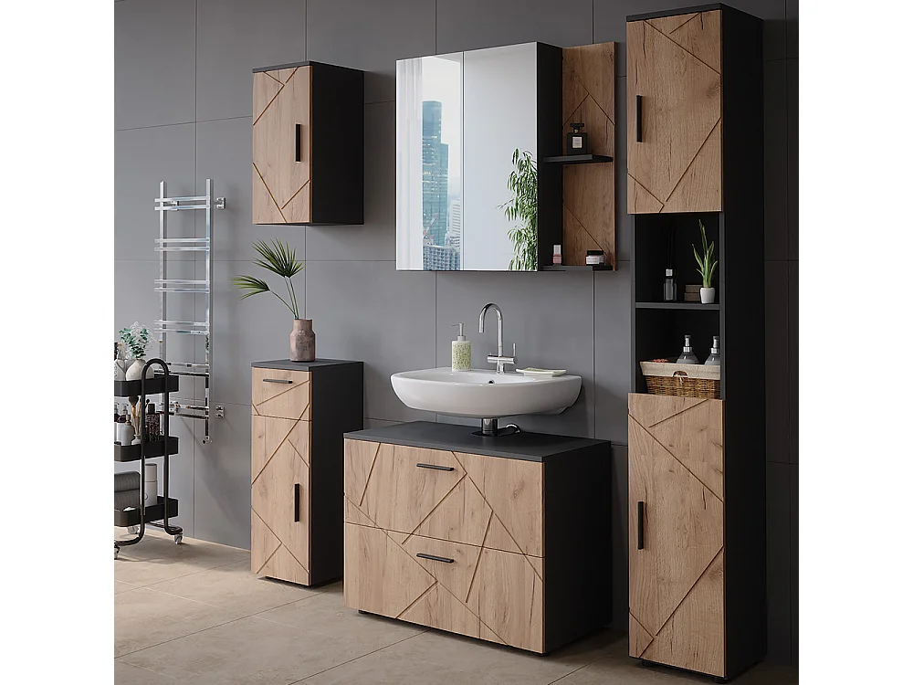 Armario con espejo de baño antracita/roble dorado 80x17.2x75 irma