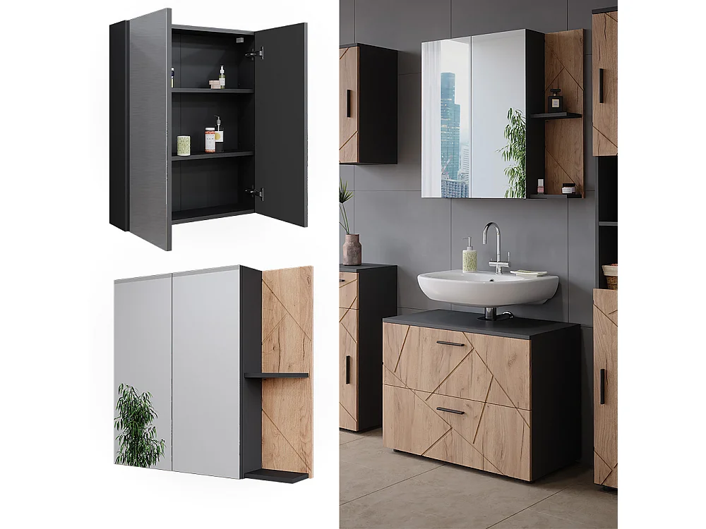 Armoire de salle de bain avec miroir anthracite/chêne doré 80x17.2x75 irma