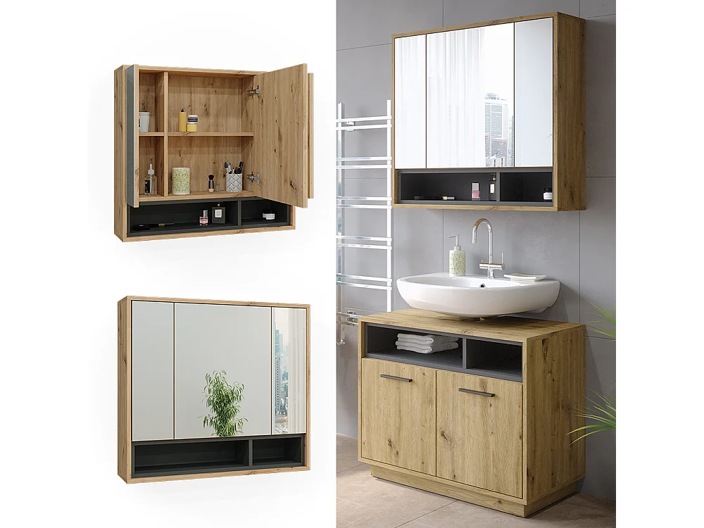 Armario con espejo para baño roble artesanal/antracita 80x20x72 beatrice