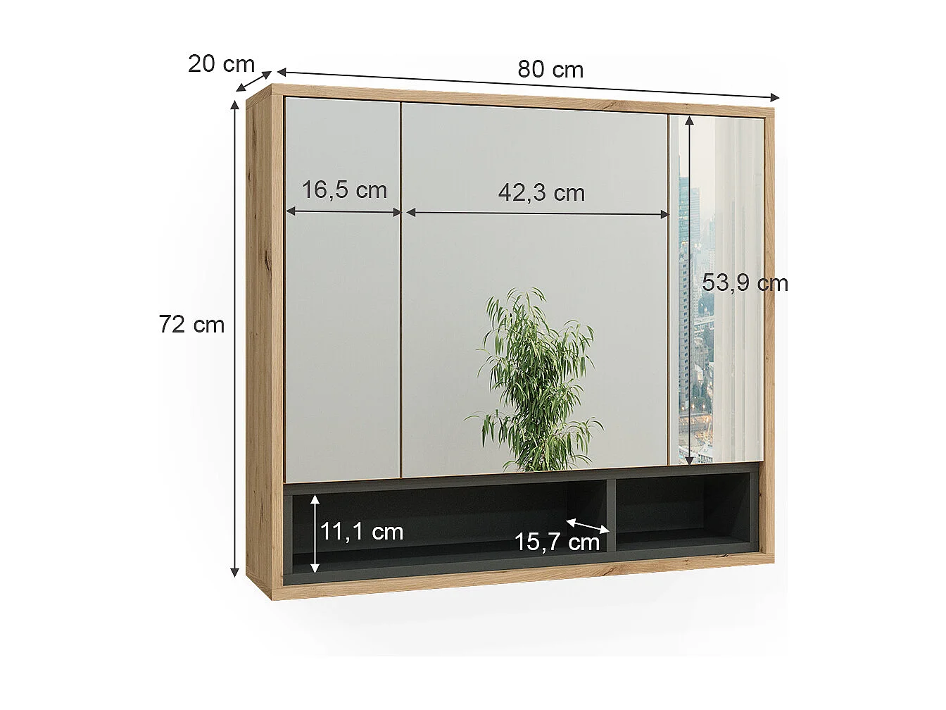 Armoire de toilette chêne artisan/anthracite 80x20x72 beatrice