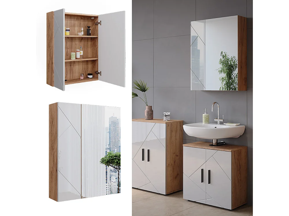 Armoire de salle de bain avec miroir blanc/chêne 60x17.2x75 irma