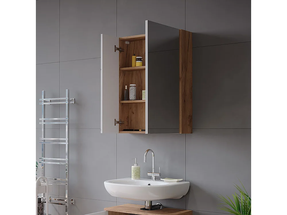 Armoire de salle de bain avec miroir blanc/chêne 60x17.2x75 irma