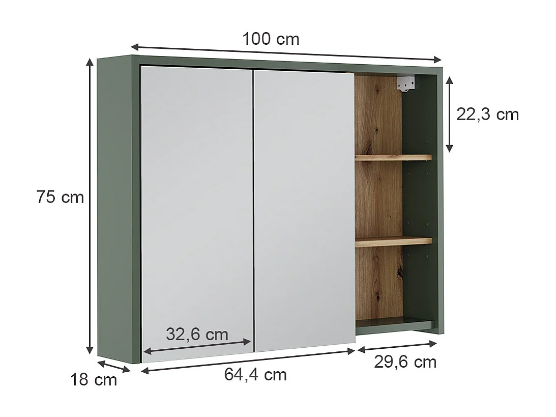 Armoire de salle de bain avec miroir vert/artisan 100x18x75 viola