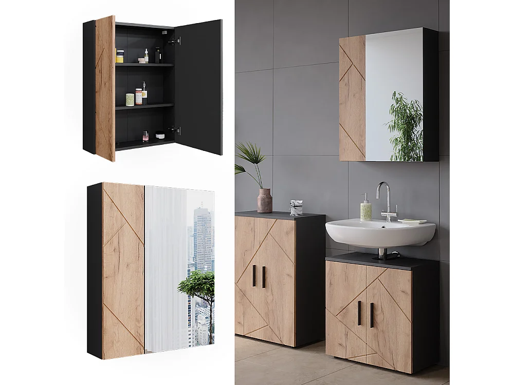 Armario con espejo de baño antracita/roble dorado 60x17.2x75 irma