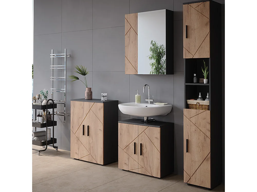 Armario con espejo de baño antracita/roble dorado 60x17.2x75 irma