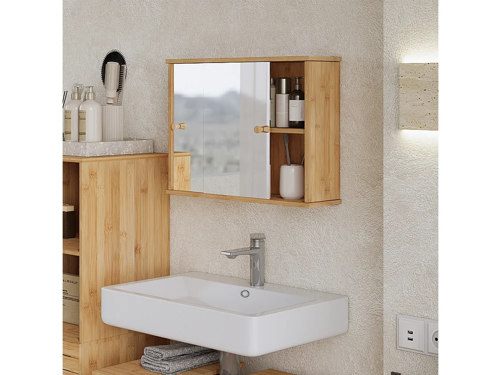 Armario con espejo para baño bambú 55x14x40 mireo