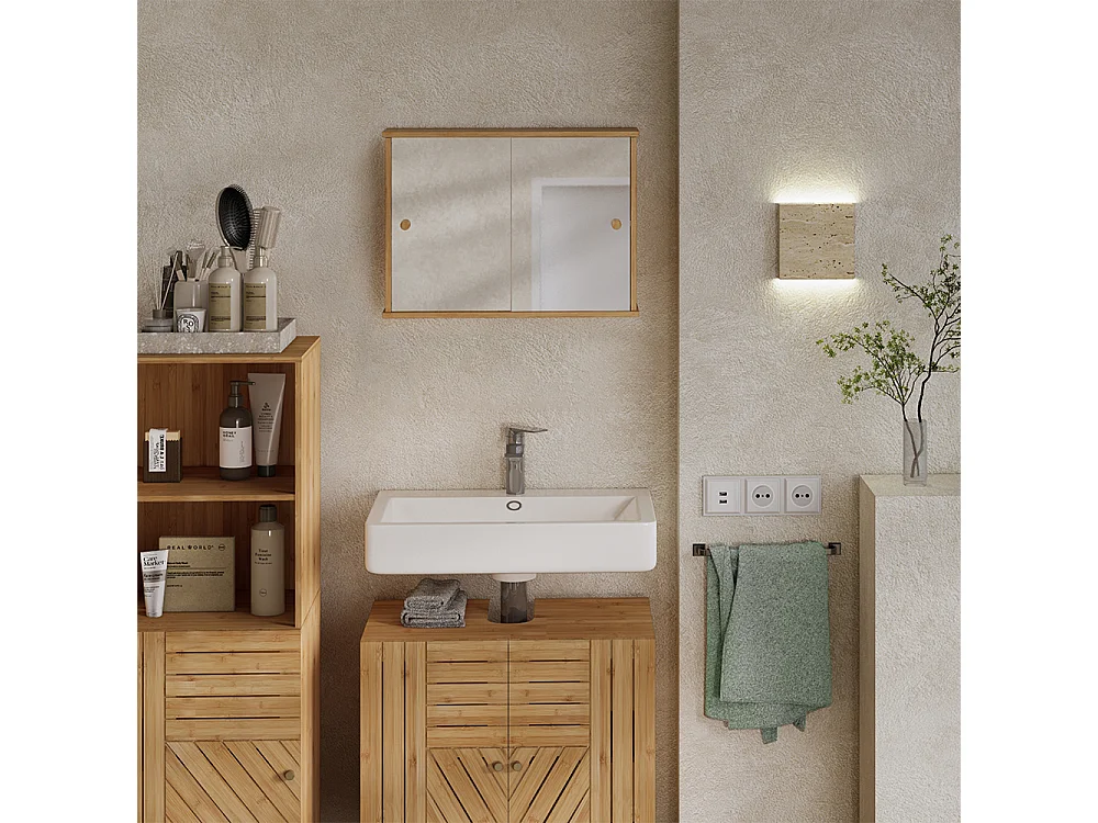 Armario con espejo para baño bambú 55x14x40 mireo