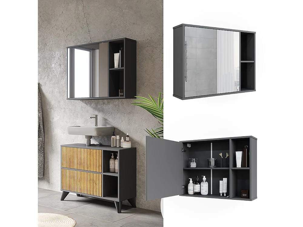 Armario con espejo de baño antracita/roble de montaña 80x20x60 leano