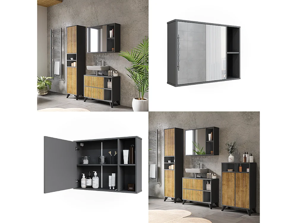 Armoire de toilette anthracite/chêne de montagne 80x20x60 leano
