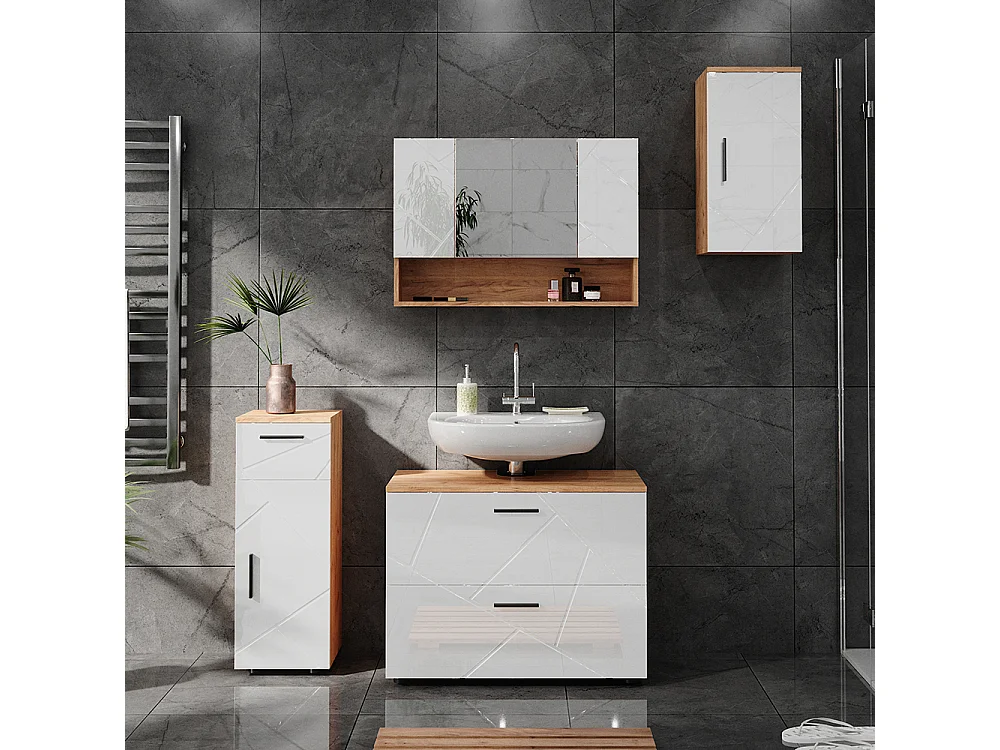 Badschrank weiß hochglanz/goldkraft eiche 30x24x59 irma