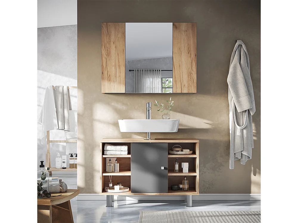 Armario con espejo para baño roble dorado 80x16.4x59.2 leopold