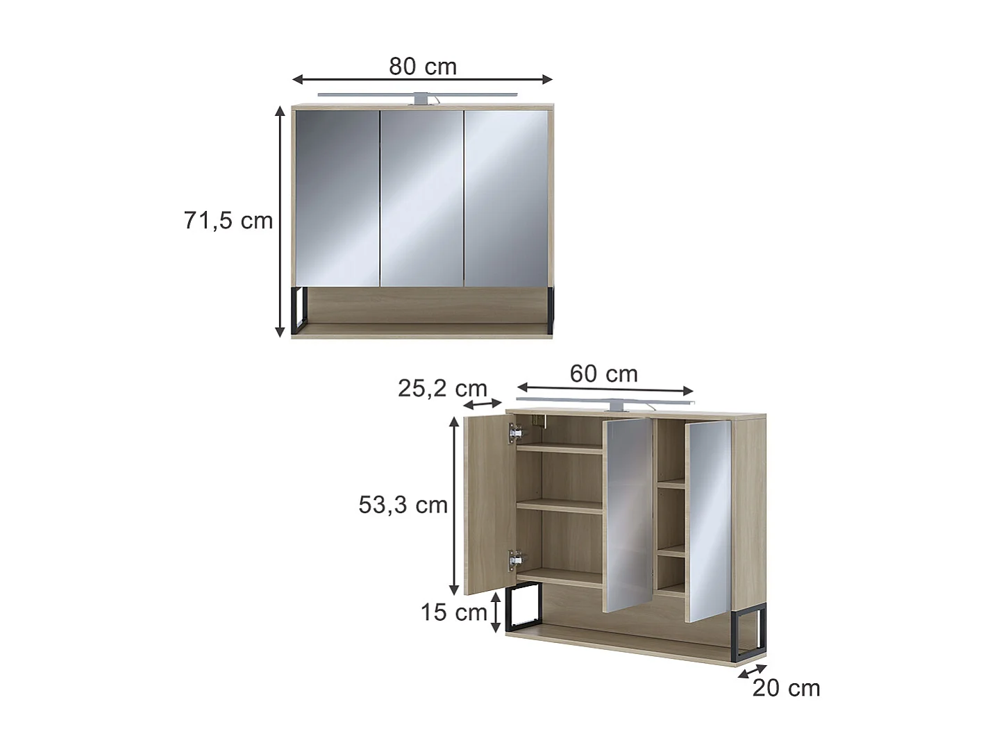 Armoire de toilette chêne/noir 80x20x71.5 vionna