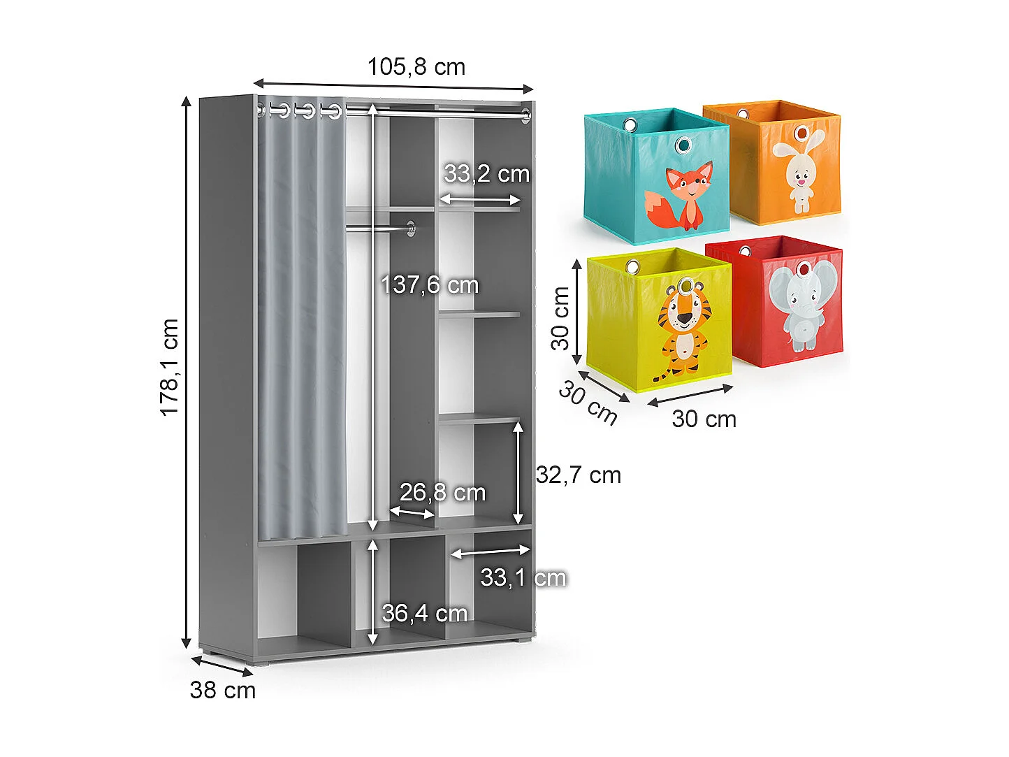 Guardaroba per bambini grigio 105.8x38x178.1 luigi