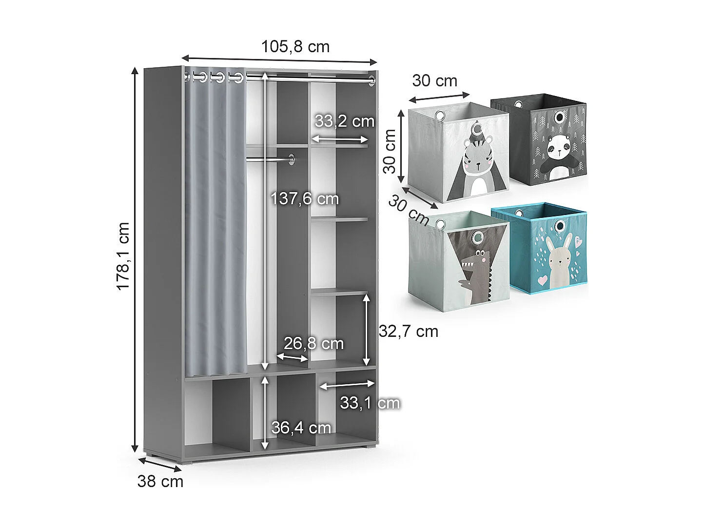 Armoire pour enfants gris 105.8x38x178.1 luigi
