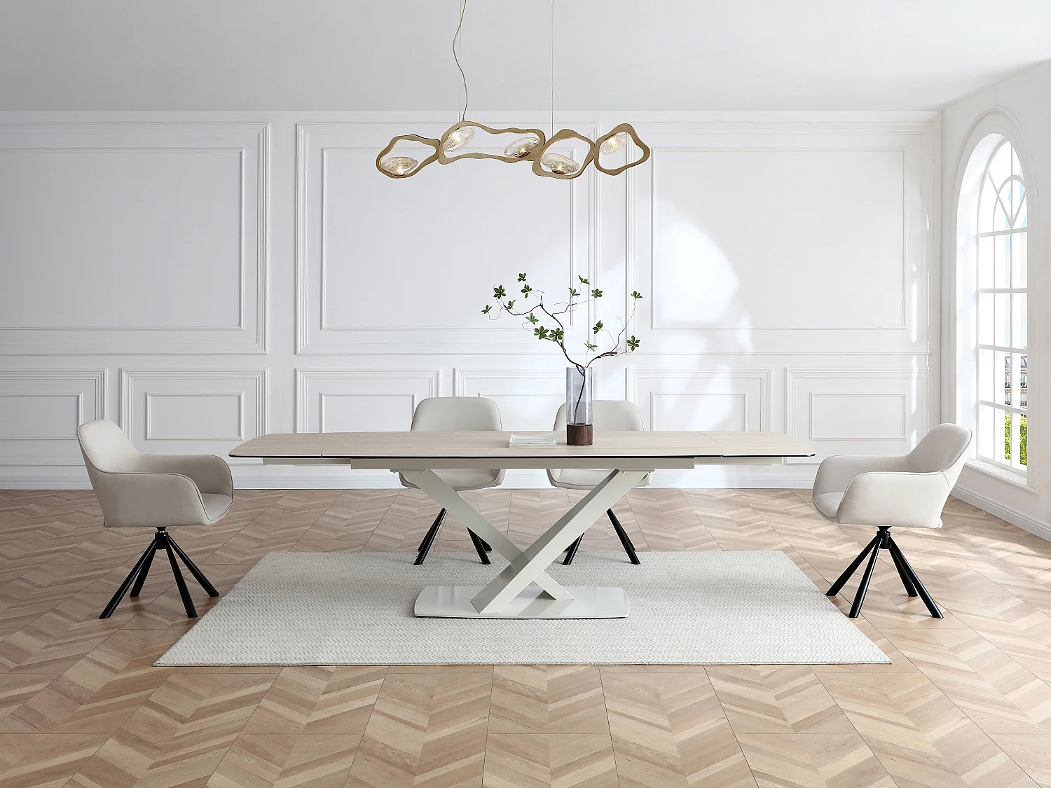 Table à manger extensible 6 à 10 personnes en verre trempé, céramique et métal - Effet marbre beige - MALATA de Maison Céphy