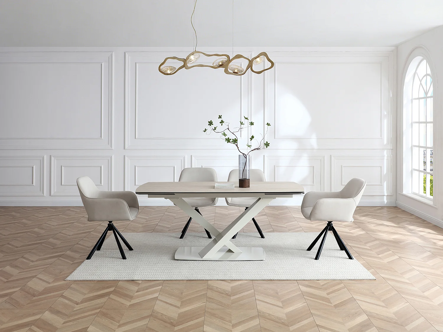 Table à manger extensible 6 à 10 personnes en verre trempé, céramique et métal - Effet marbre beige - MALATA de Maison Céphy