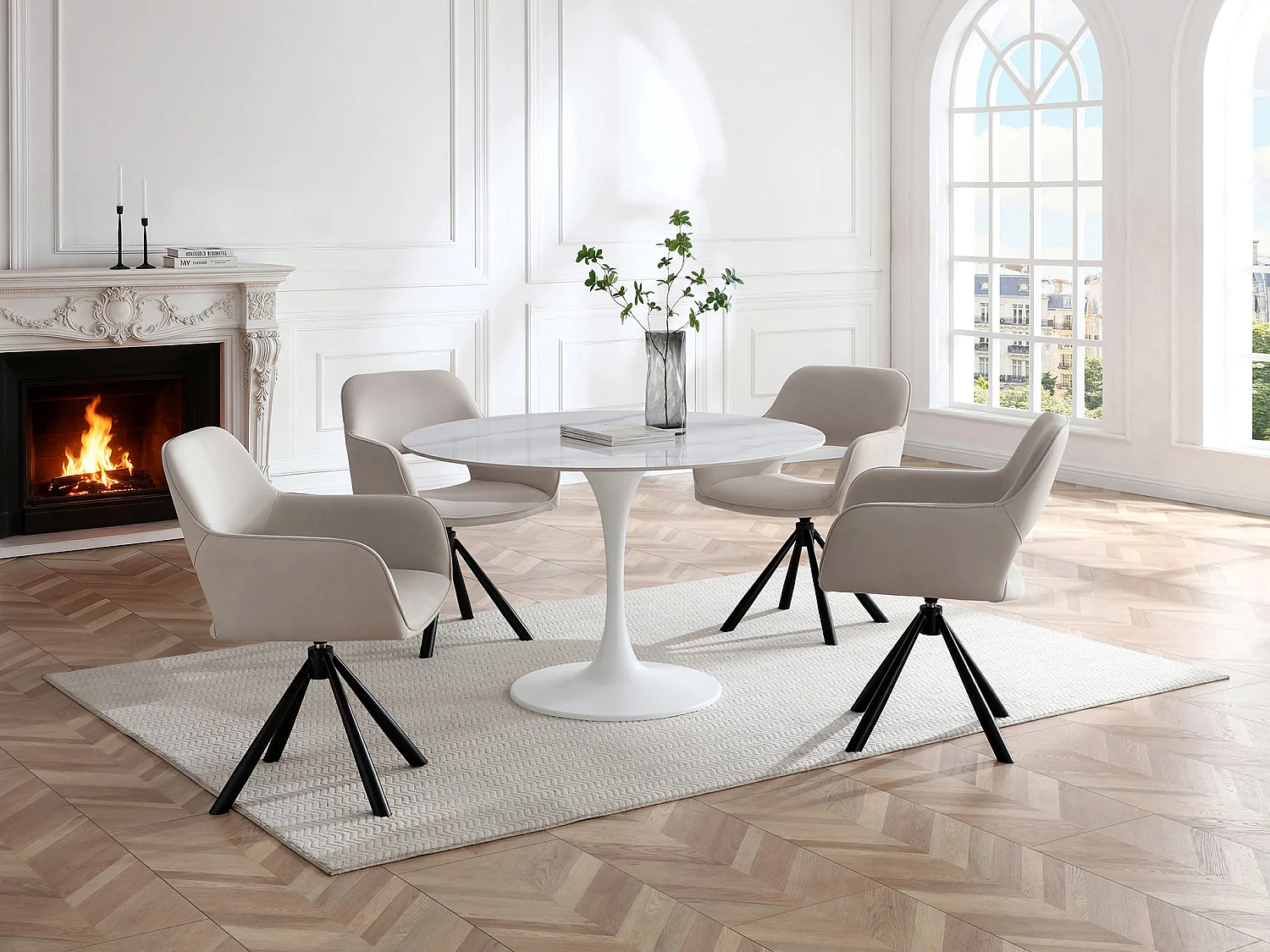 Table à manger 4 personnes en céramique et métal - Effet marbre blanc - DYNARO