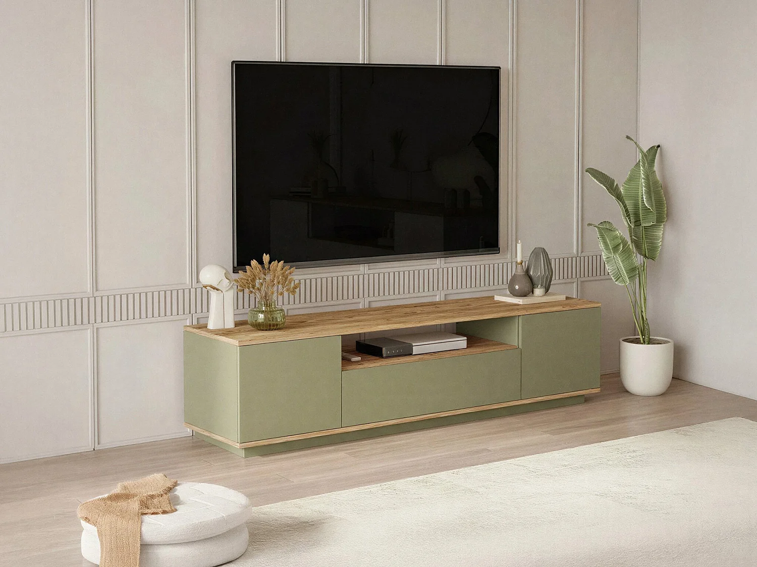 Meuble TV avec 3 portes et 1 niche - Vert sauge et naturel - LOTULA