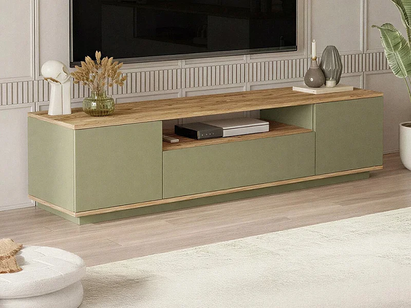 Meuble TV avec 3 portes et 1 niche - Vert sauge et naturel - LOTULA
