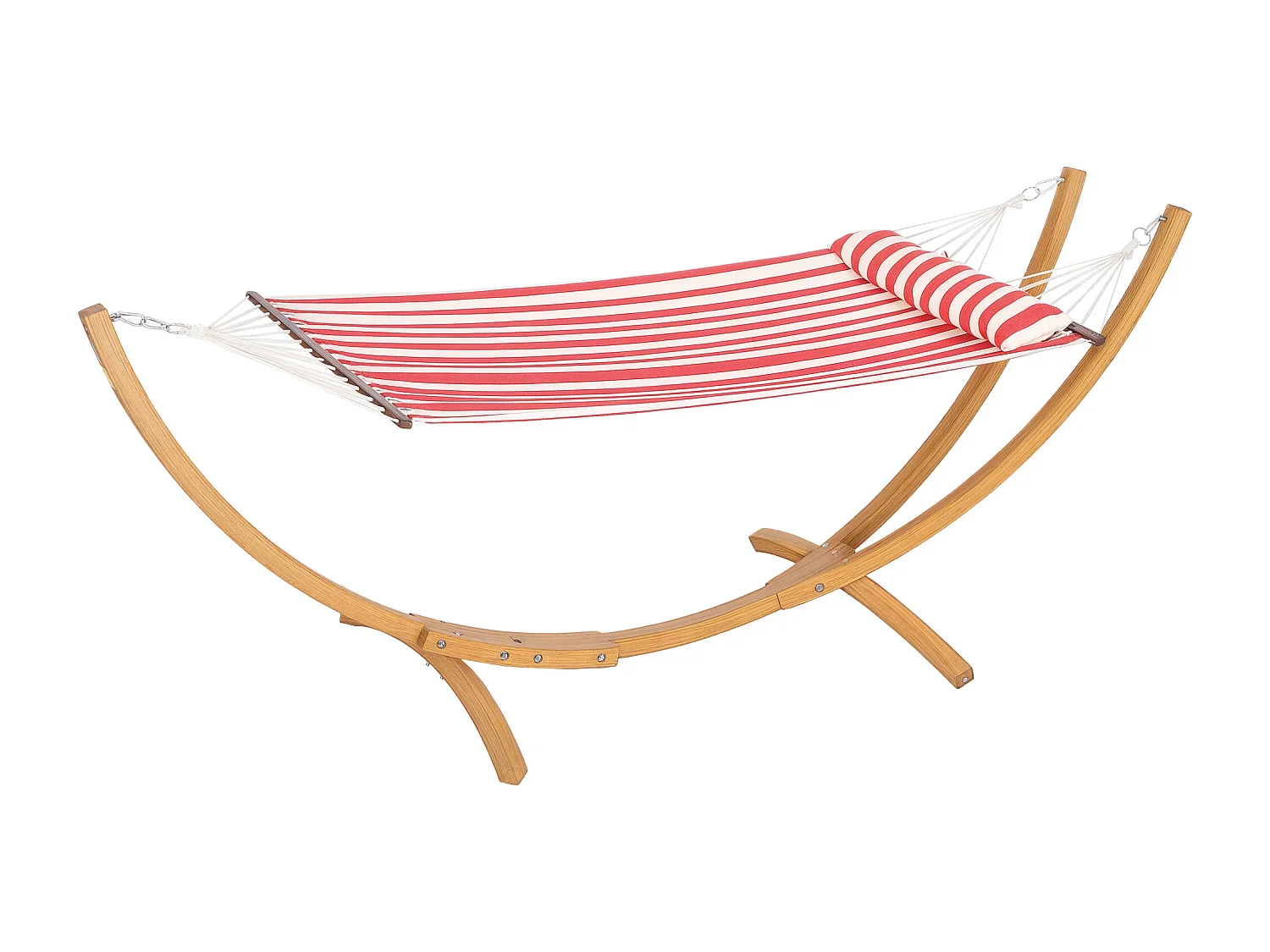 Hamac sur pied en bois - 1 place - bois teinte teck toile 100% coton rouge blanc rayée