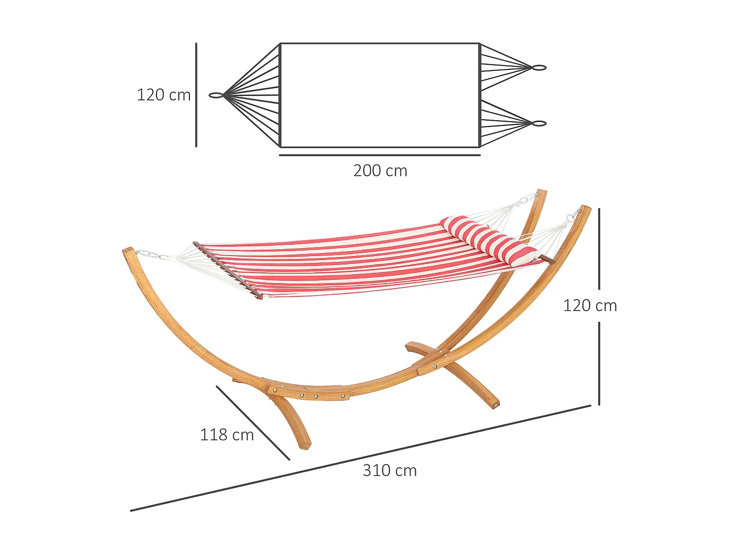 Hamac sur pied en bois - 1 place - bois teinte teck toile 100% coton rouge blanc rayée