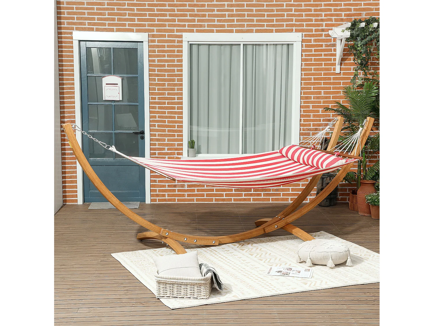 Hamac sur pied en bois - 1 place - bois teinte teck toile 100% coton rouge blanc rayée