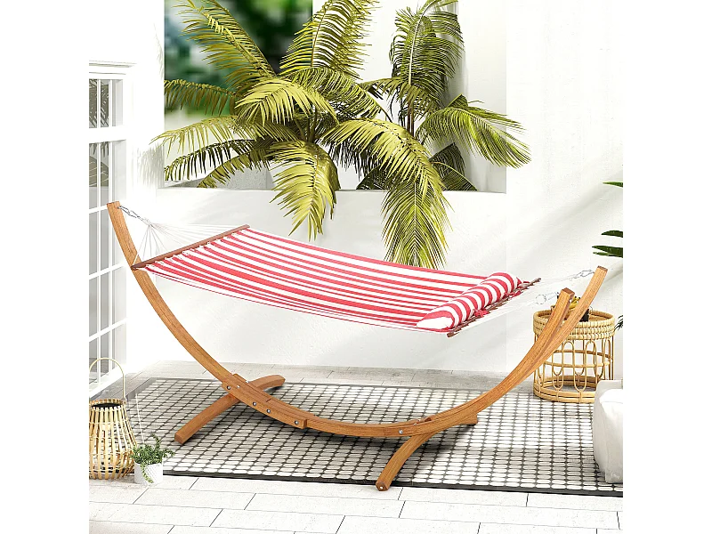 Hamac sur pied en bois - 1 place - bois teinte teck toile 100% coton rouge blanc rayée