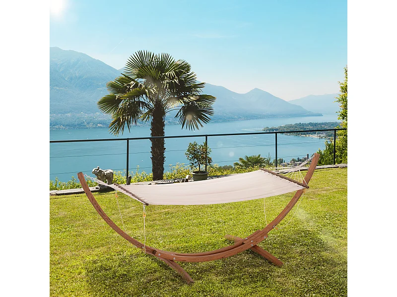 Hamac avec support bois lasuré hamac sur pied 4 cordes de sécurité charge max. 120 Kg coton blanc