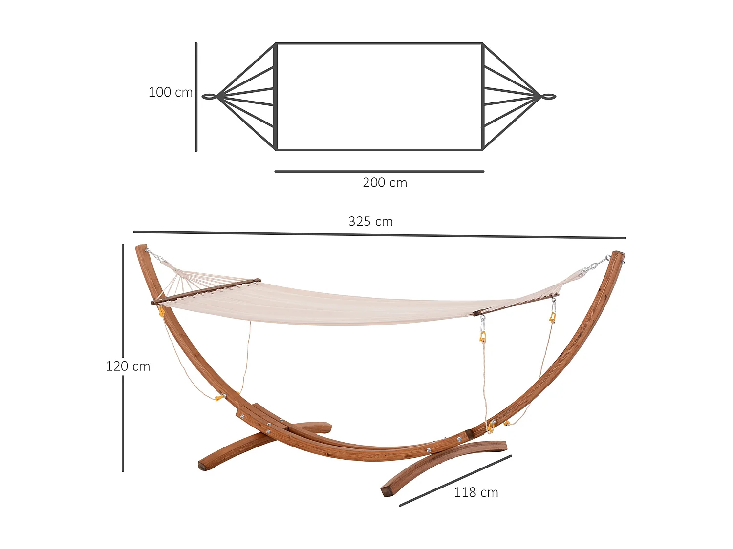 Hamac avec support bois lasuré hamac sur pied 4 cordes de sécurité charge max. 120 Kg coton blanc