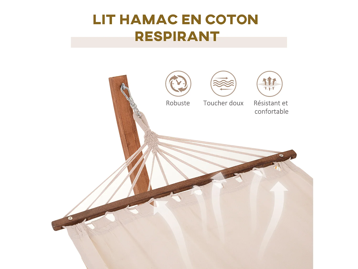 Hamac avec support bois lasuré hamac sur pied 4 cordes de sécurité charge max. 120 Kg coton blanc