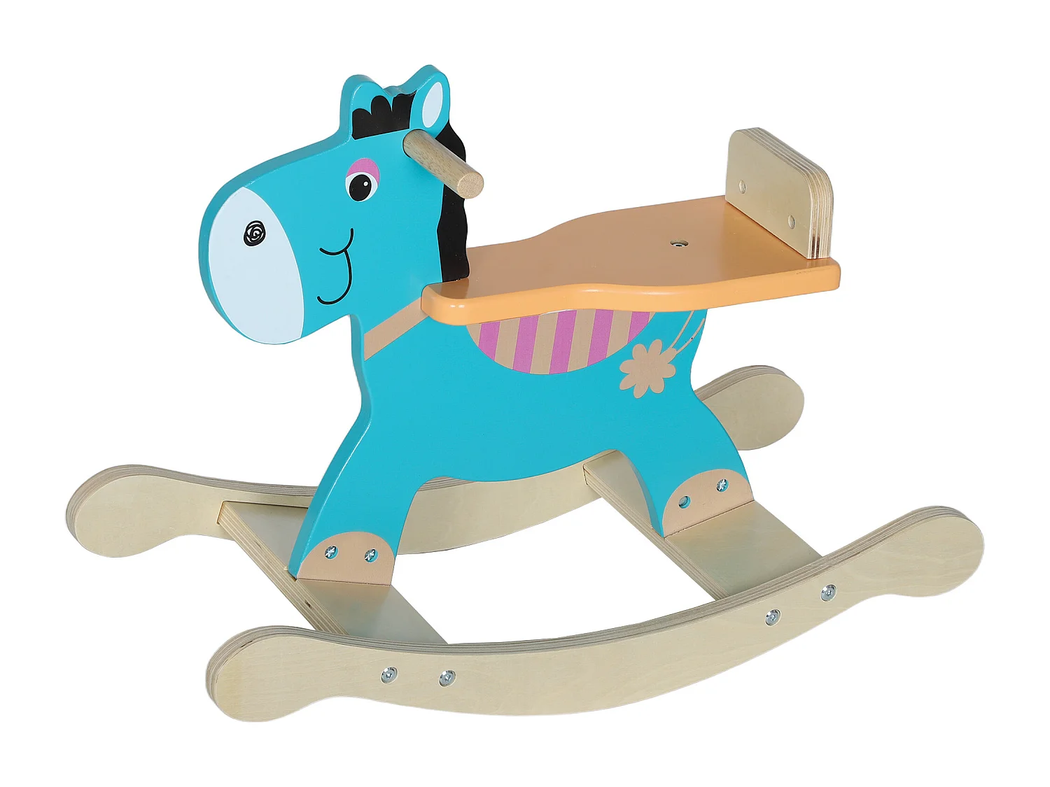 Cheval à bascule en bois - jouet à bascule âne - poignées, dossier - bois contreplaqué bleu