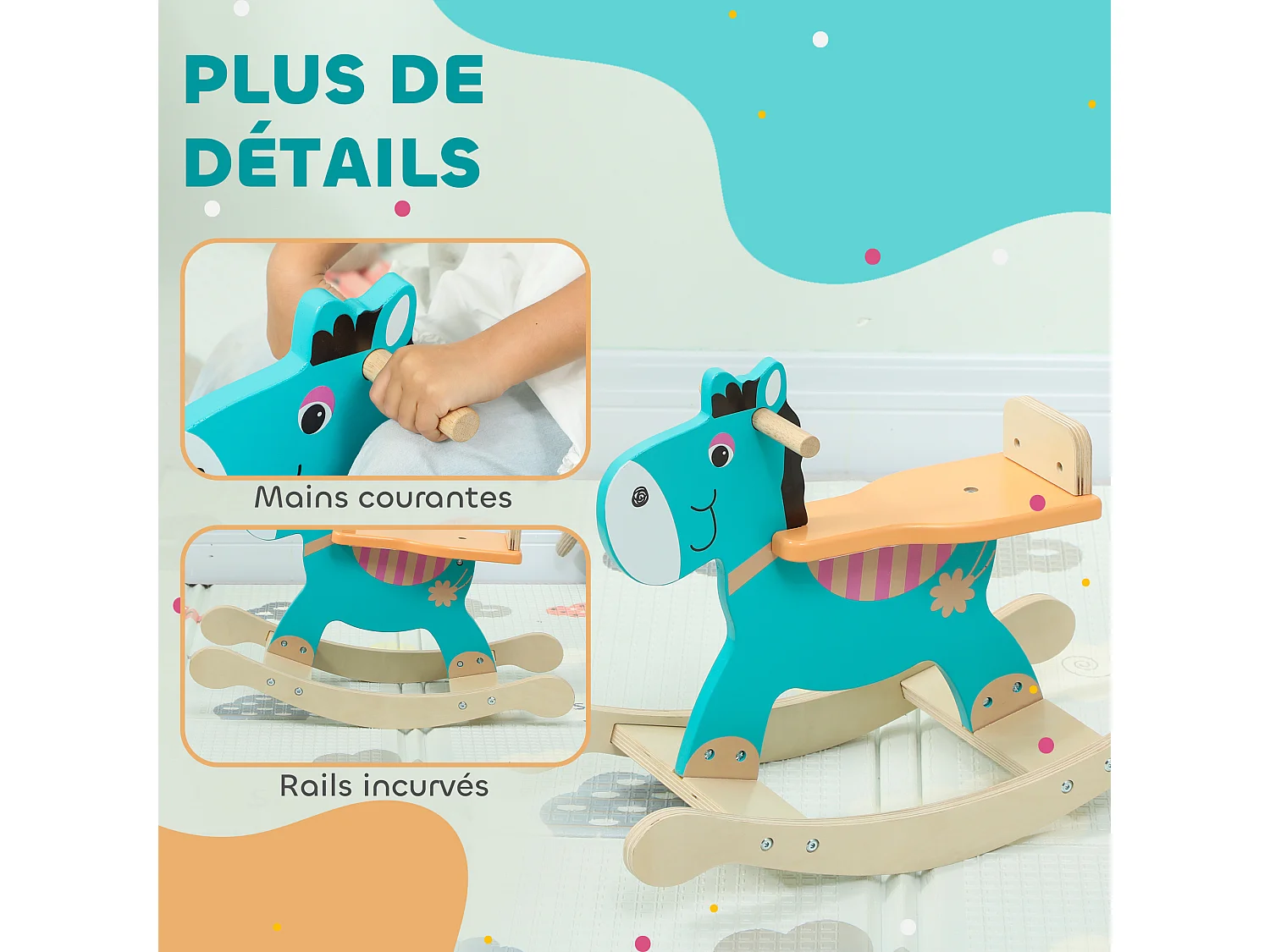 Cheval à bascule en bois - jouet à bascule âne - poignées, dossier - bois contreplaqué bleu