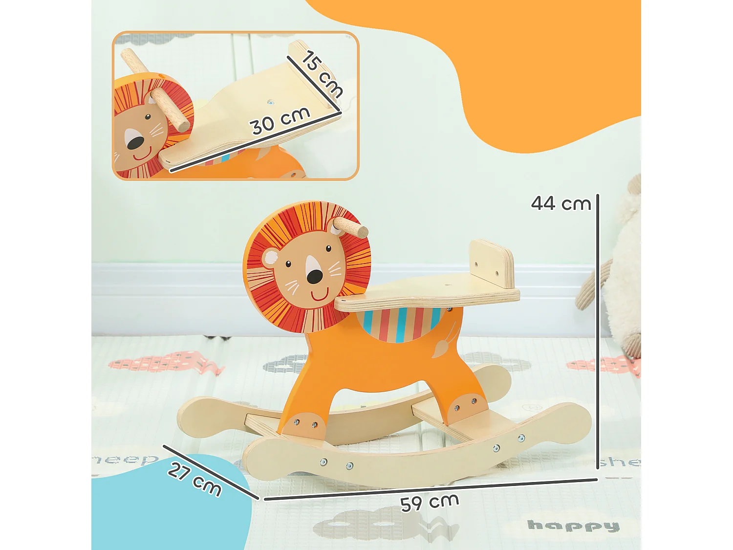 Cheval à bascule en bois - jouet à bascule lion - poignées, dossier - bois contreplaqué orange