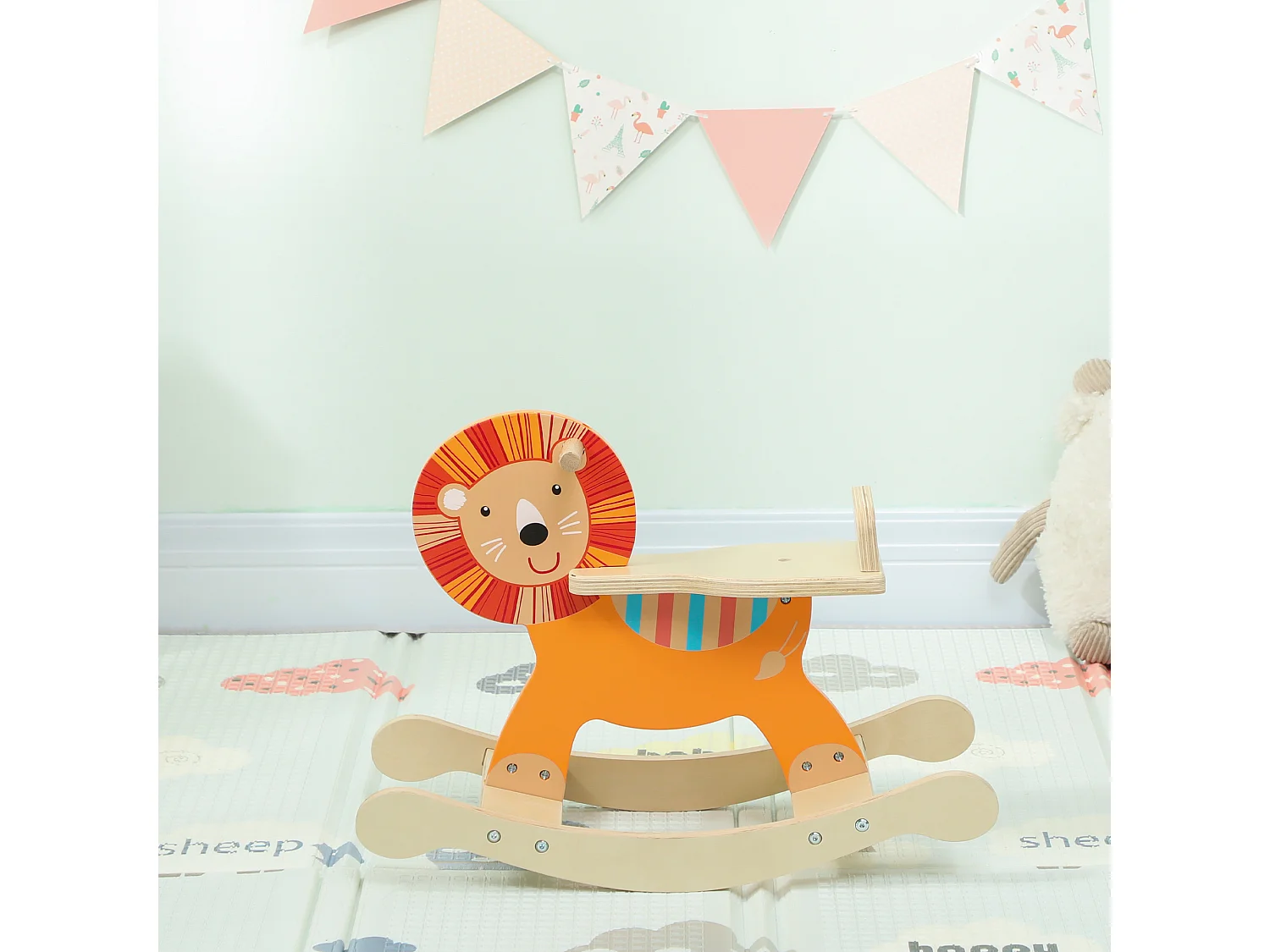 Cheval à bascule en bois - jouet à bascule lion - poignées, dossier - bois contreplaqué orange