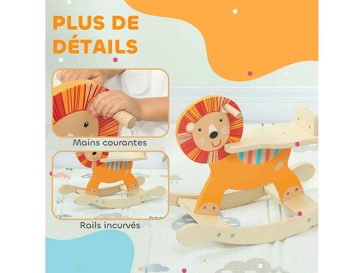 Cheval à bascule en bois - jouet à bascule lion - poignées, dossier - bois contreplaqué orange