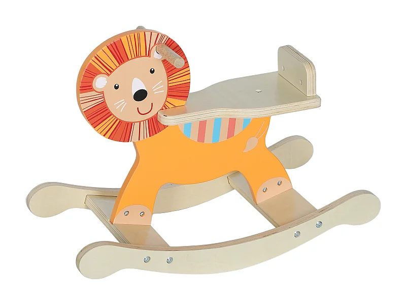 Cheval à bascule en bois - jouet à bascule lion - poignées, dossier - bois contreplaqué orange