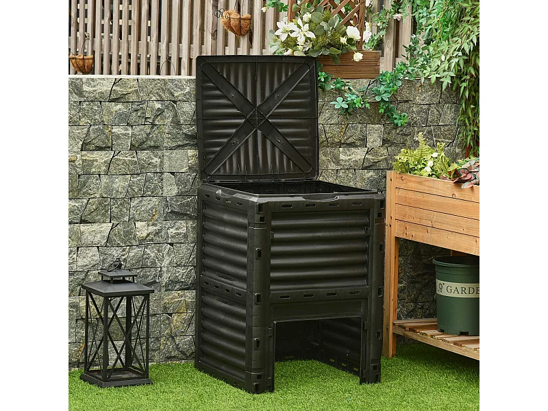 Composteur de jardin 300L - grande porte et couvercle - aération optimale - polypropylène noir