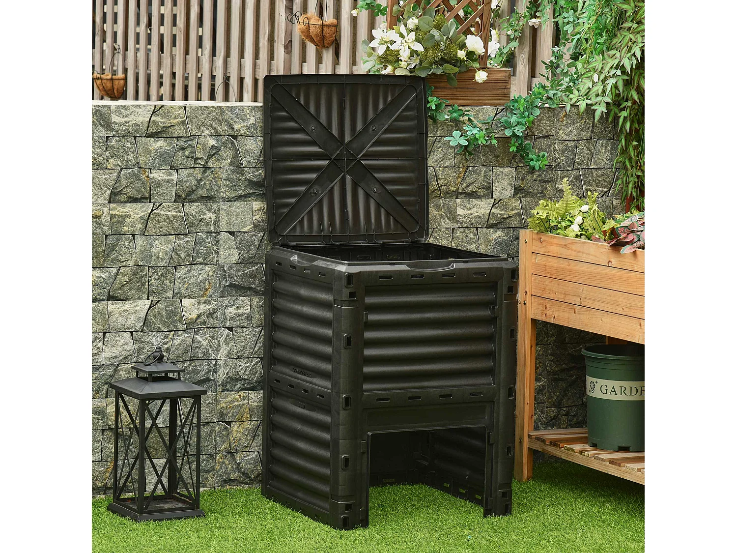Composteur de jardin 300L - grande porte et couvercle - aération optimale - polypropylène noir