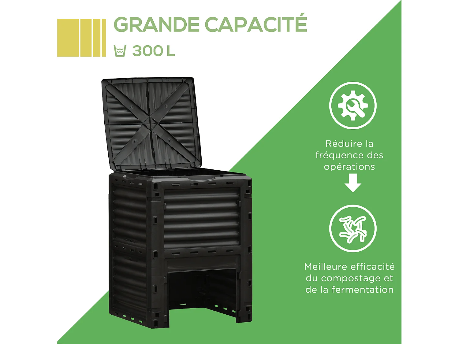 Composteur de jardin 300L - grande porte et couvercle - aération optimale - polypropylène noir